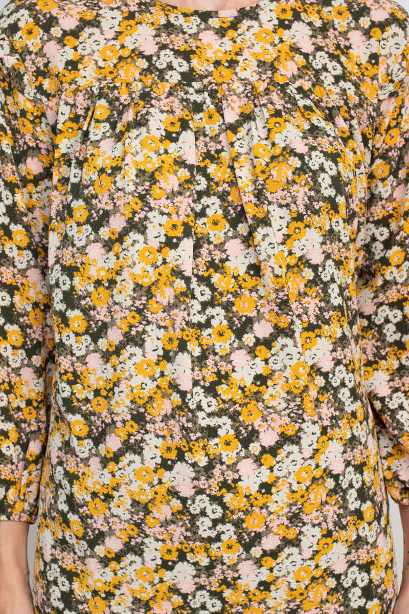 BCBGENERATION Crew Neck Ruffled Pleated Neck Elastic Cuff Button Closure Keyhole Back Shift Crepe Dress - DAF - fabric