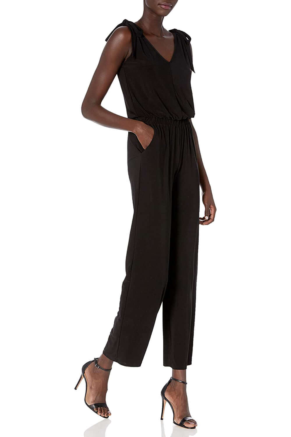 Laundry V-Neck Tie Shoulder Blouson Elastic Waist Solid Jumpsuit - BLACK - front