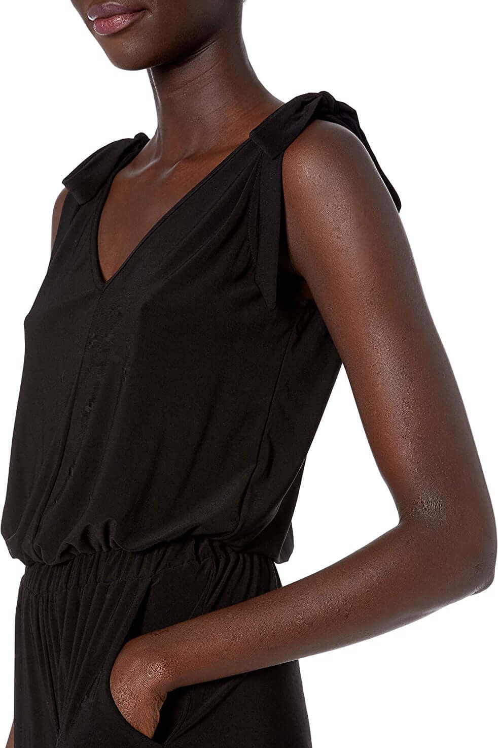 Laundry V-Neck Tie Shoulder Blouson Elastic Waist Solid Jumpsuit - BLACK - pockets