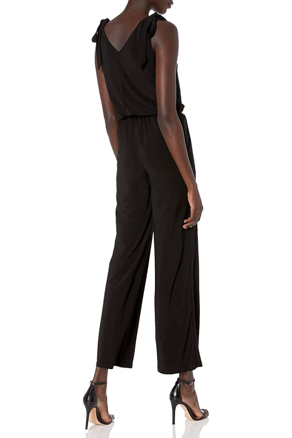 Laundry V-Neck Tie Shoulder Blouson Elastic Waist Solid Jumpsuit - BLACK - back