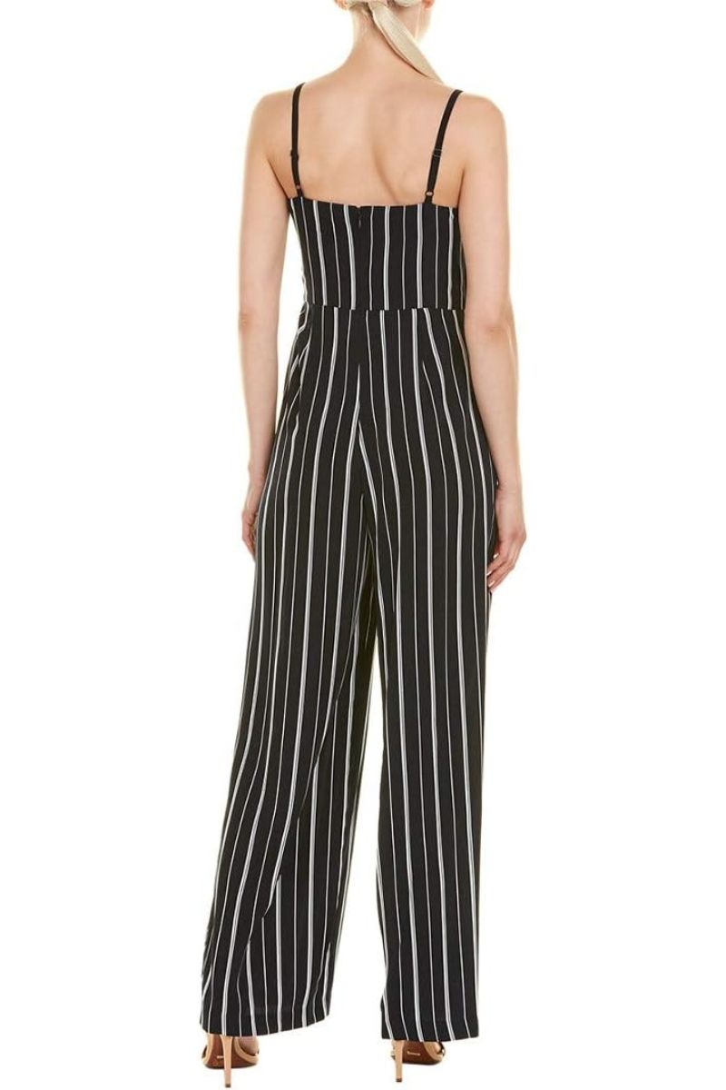 Laundry Spaghetti Strap Concealed Zipper Back Stripe Print Crepe Jumpsuit - NAVY IVORY - Back