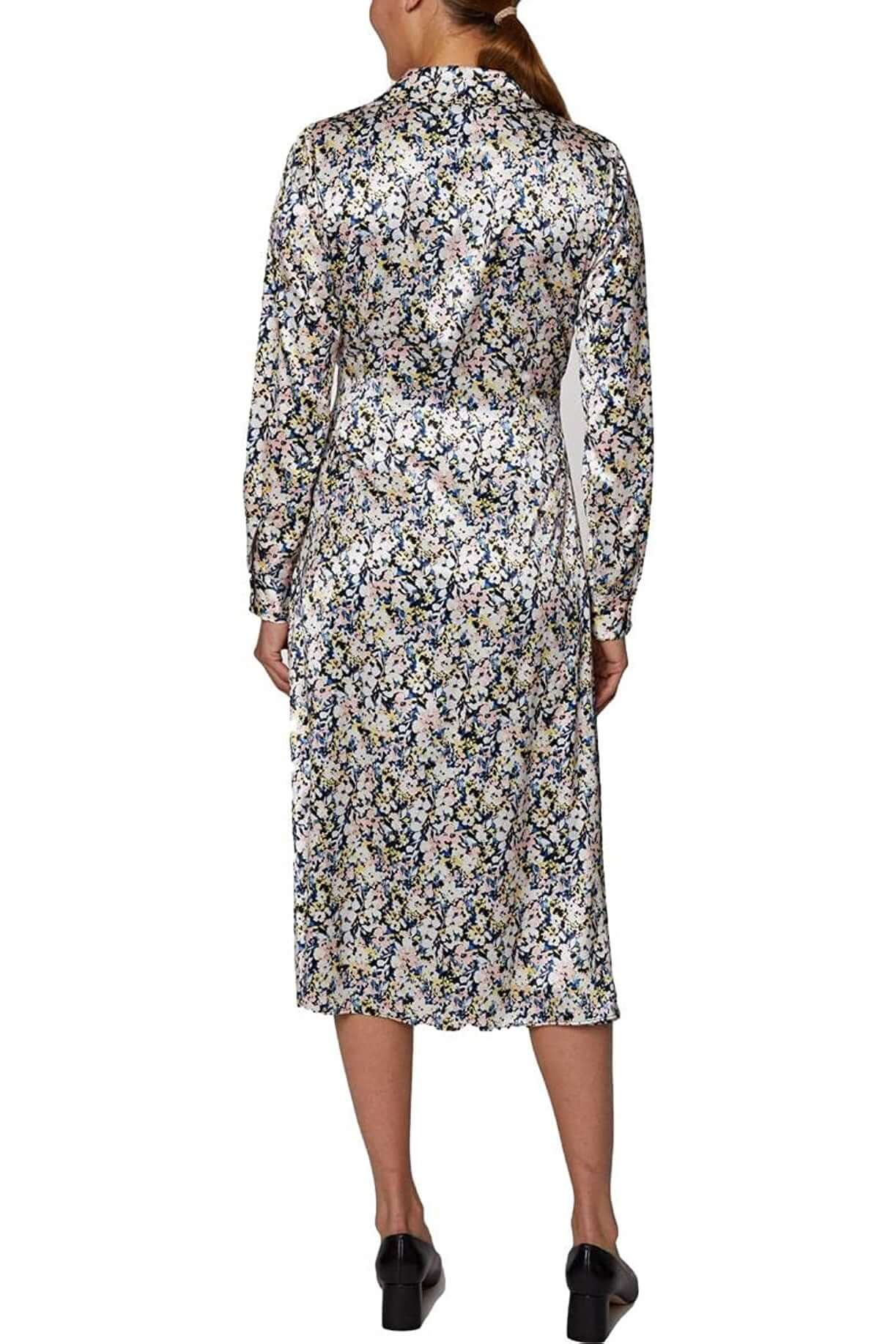 Laundry Collared Long Sleeve Button Down Tie Waist Floral Print Satin Dress - MULTI - back