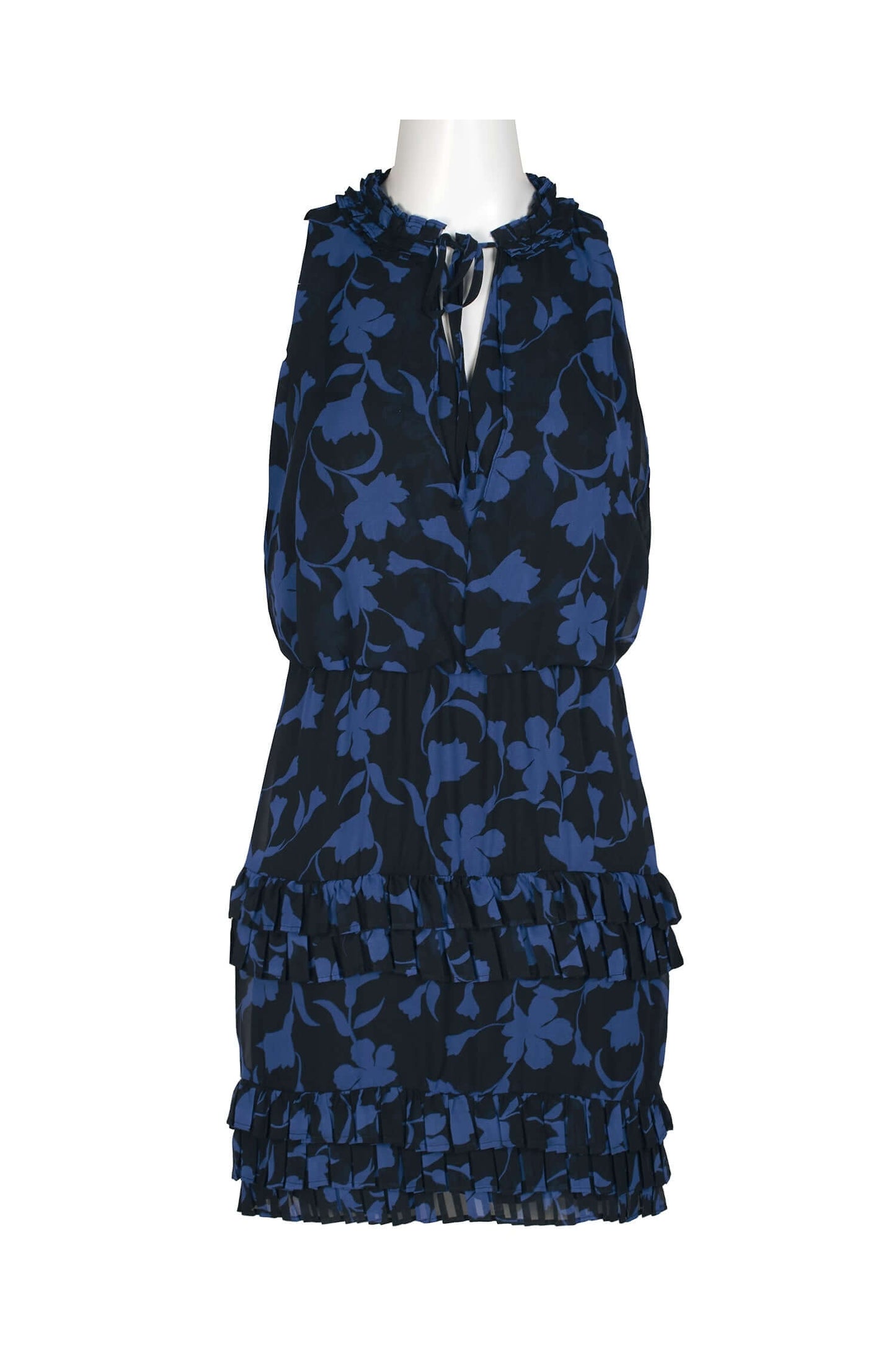 Laundry Tie Pleated Mock Neck Blouson Tiered Hem Zipper Back Floral Print Chiffon Dress - BLACK AZURE - front view