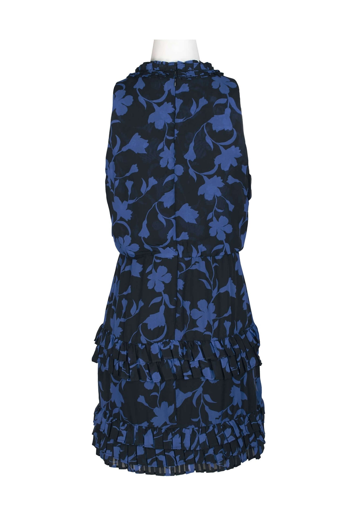Laundry Tie Pleated Mock Neck Blouson Tiered Hem Zipper Back Floral Print Chiffon Dress - BLACK AZURE - back view