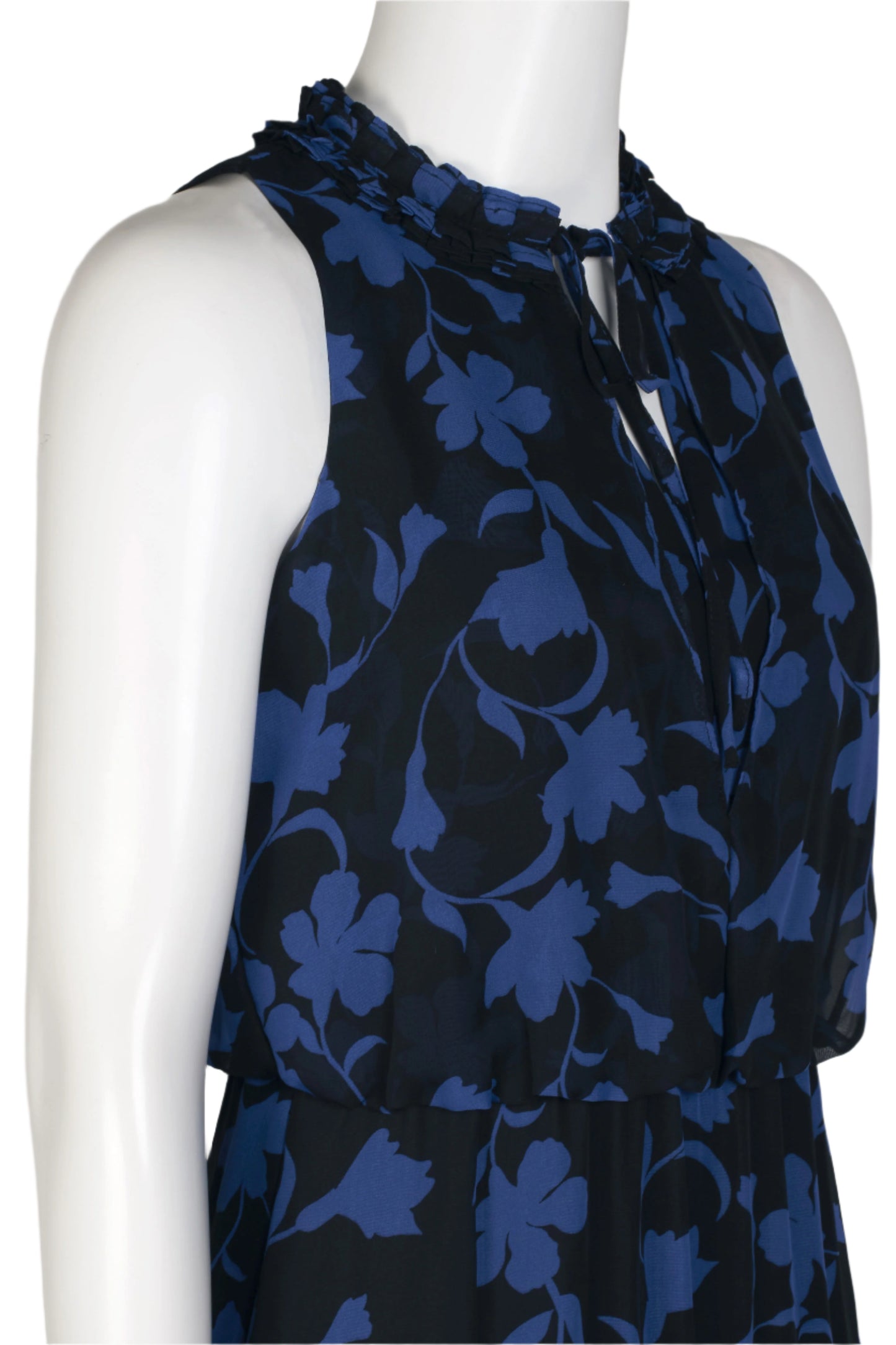 Laundry Tie Pleated Mock Neck Blouson Tiered Hem Zipper Back Floral Print Chiffon Dress - BLACK AZURE - side view