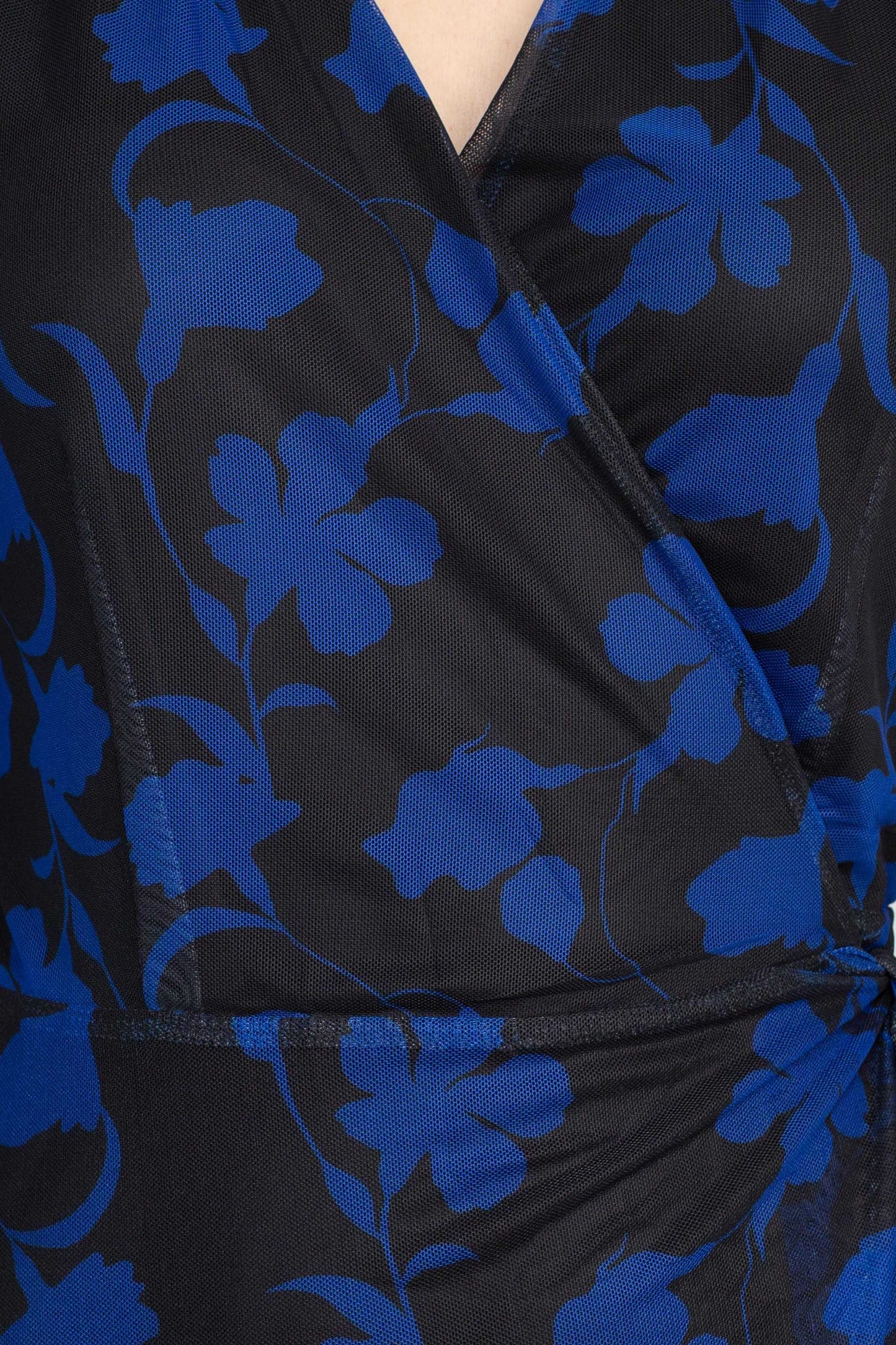 Laundry Surplice V- Neck Back Zipper Midi Draped Mesh Dress - BLACK AZURE - FABRIC