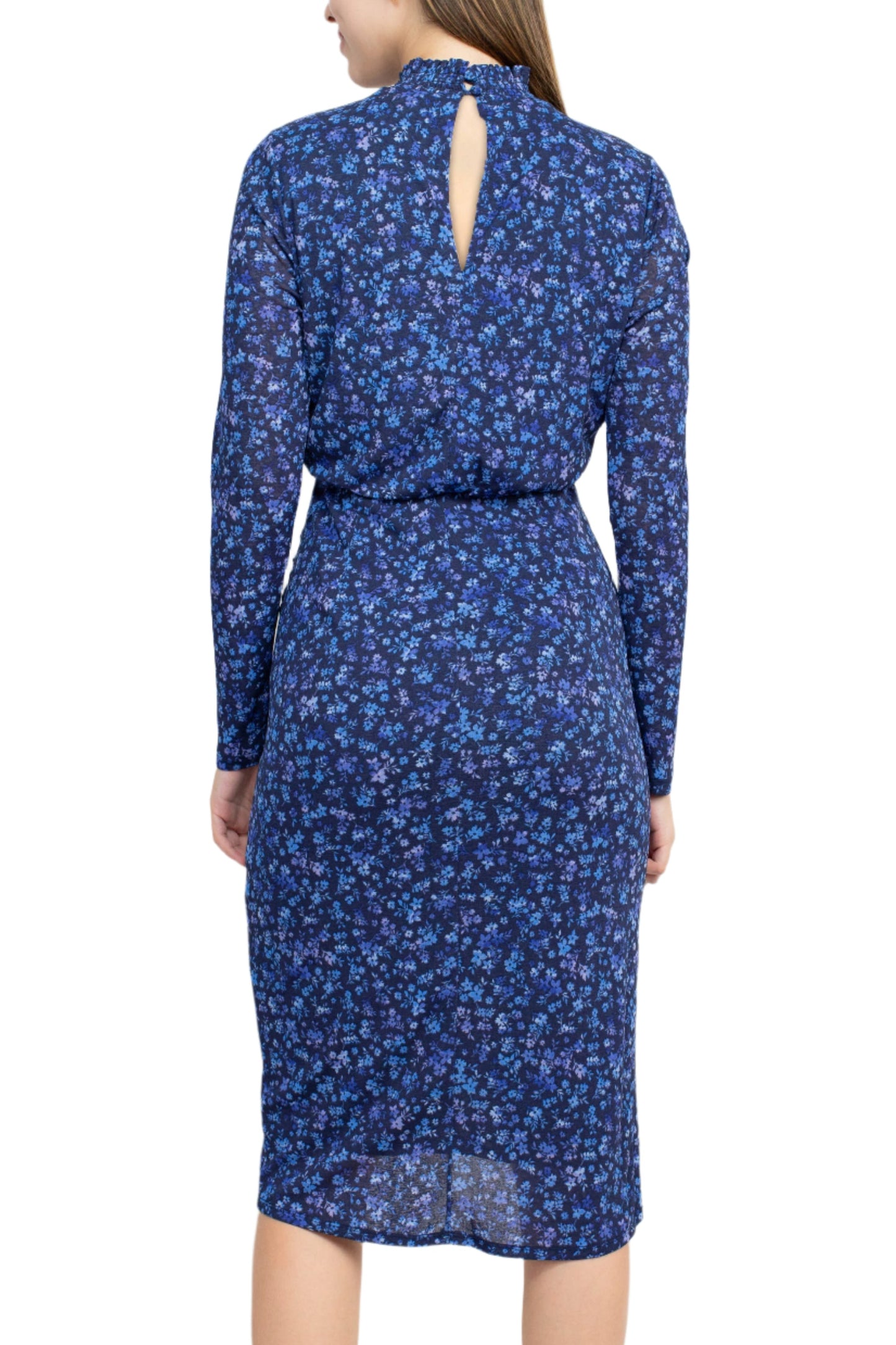 Laundry High Neck Long Sleeve Blouson Keyhole Back Multi Print Chiffon Dress - FLORAL VINE - Back