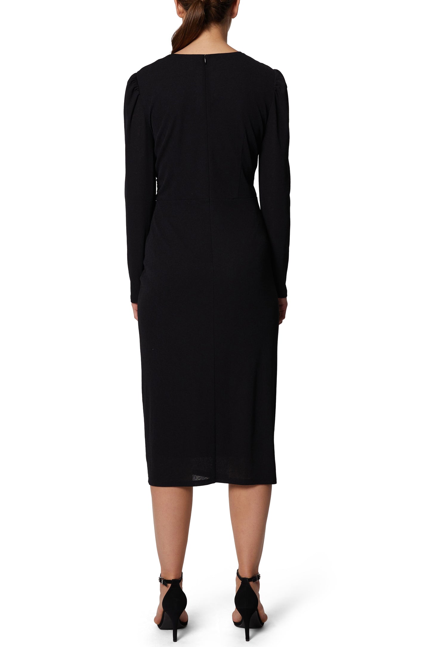 Laundry Crew Neck Long Sleeve Ruched Side Slit Side Zipper Back Doris Knit Dress - BLACK - back