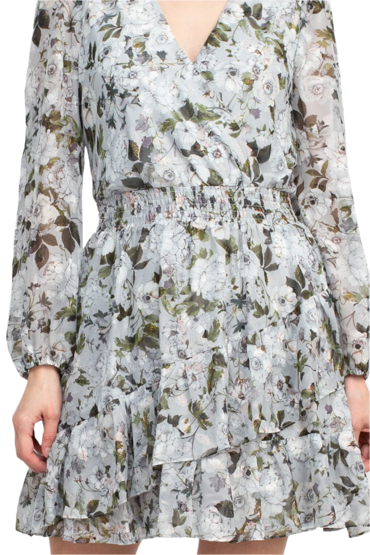 Laundry V-Neck Elastic Cuff Long Sleeve Elastic Waist Tiered Hem Floral Print Chiffon Dress - FULL BLOOM - fabric