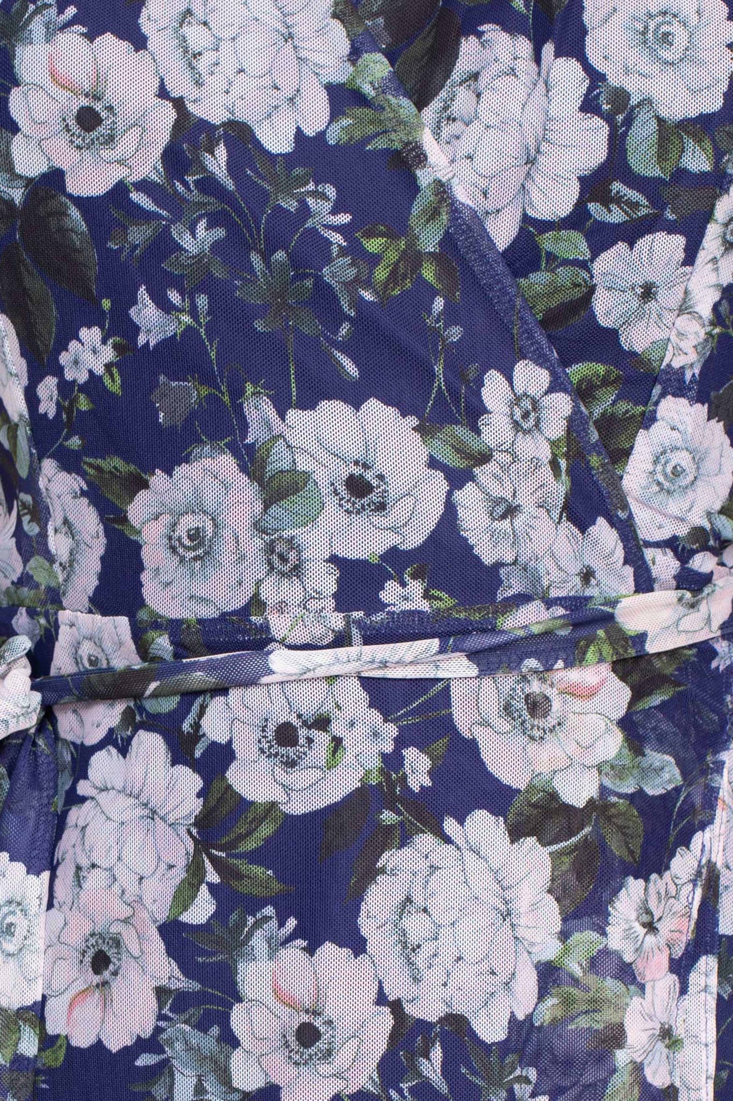 Laundry V-Neck Long Sleeve Tie Waist Floral Print Tiered Power Mesh Dress - BLUE MULTI - Fabric