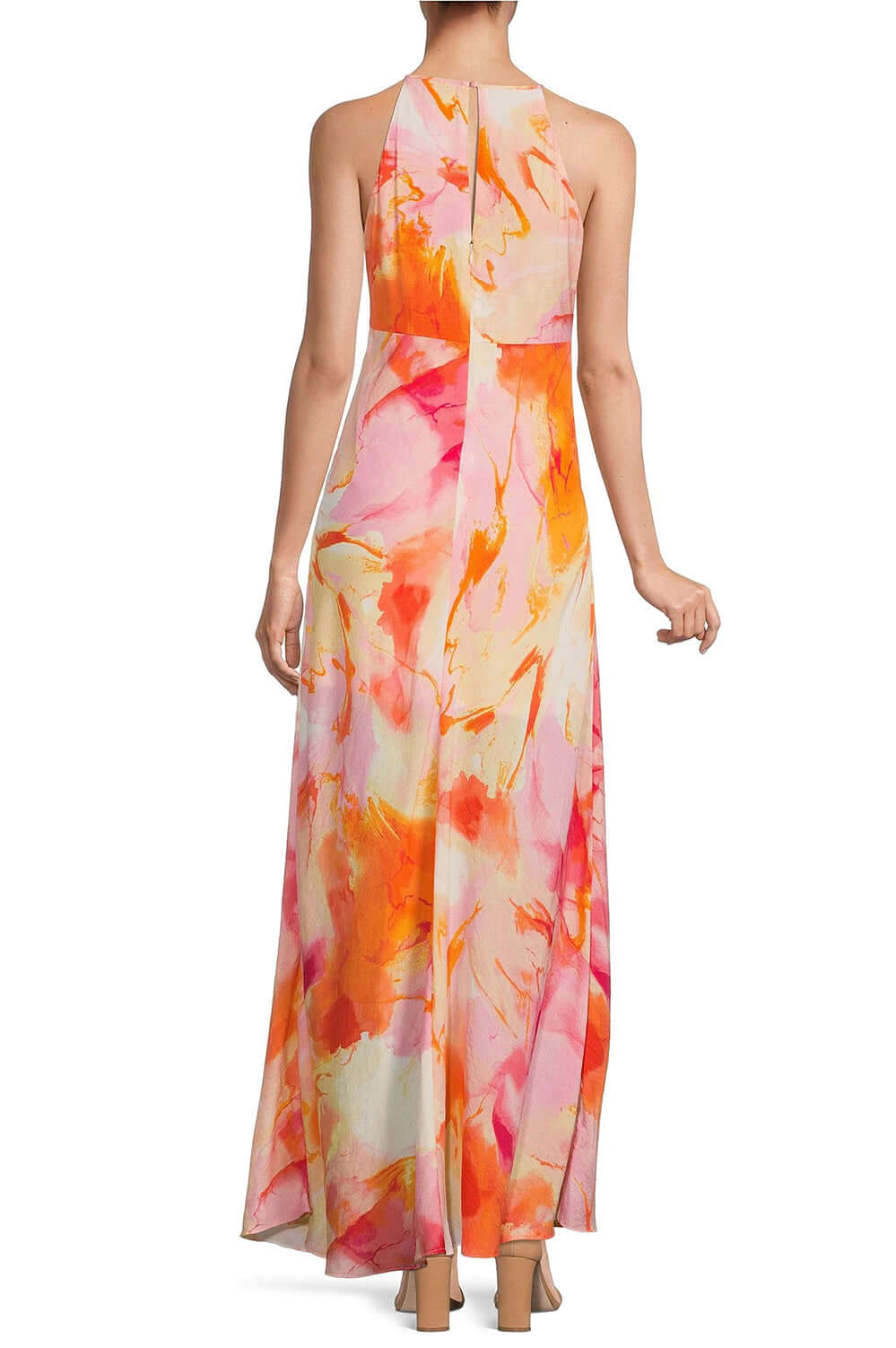 Laundry Halter Neck Sleeveless Tie Dye Print Zipper Back Linen Dress - ABSTRACT AURORA - Back