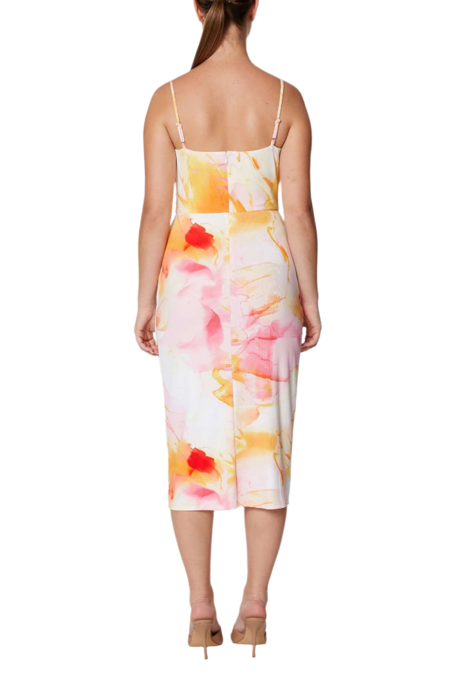 Laundry Cowl Neck Spaghetti Strap Slit Front Multi Print Zipper Back Jersey Knit Dress - ABSTRACT AURORA - Back