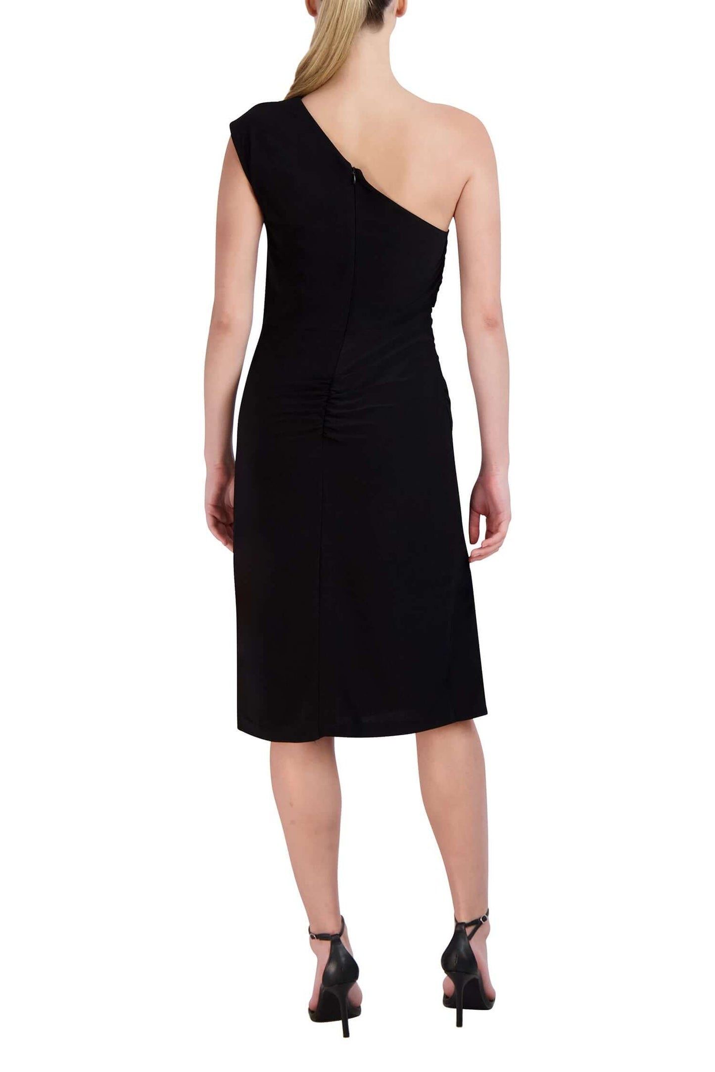 Laundry One Shoulder Sleeveless Gathered Side Zipper Back Solid Sheath ITY Dress - BLACK - Back