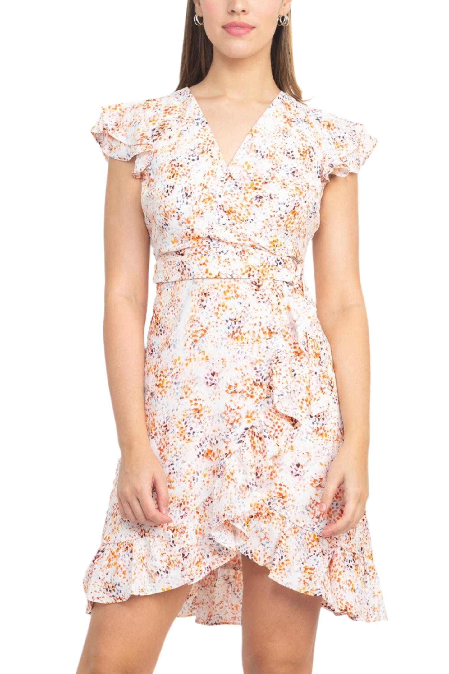 Laundry V-Neck Flutter Sleeve Tie Waist Ruffled Hem A-Line Zipper Back Twill Dress - MULTI - Front View