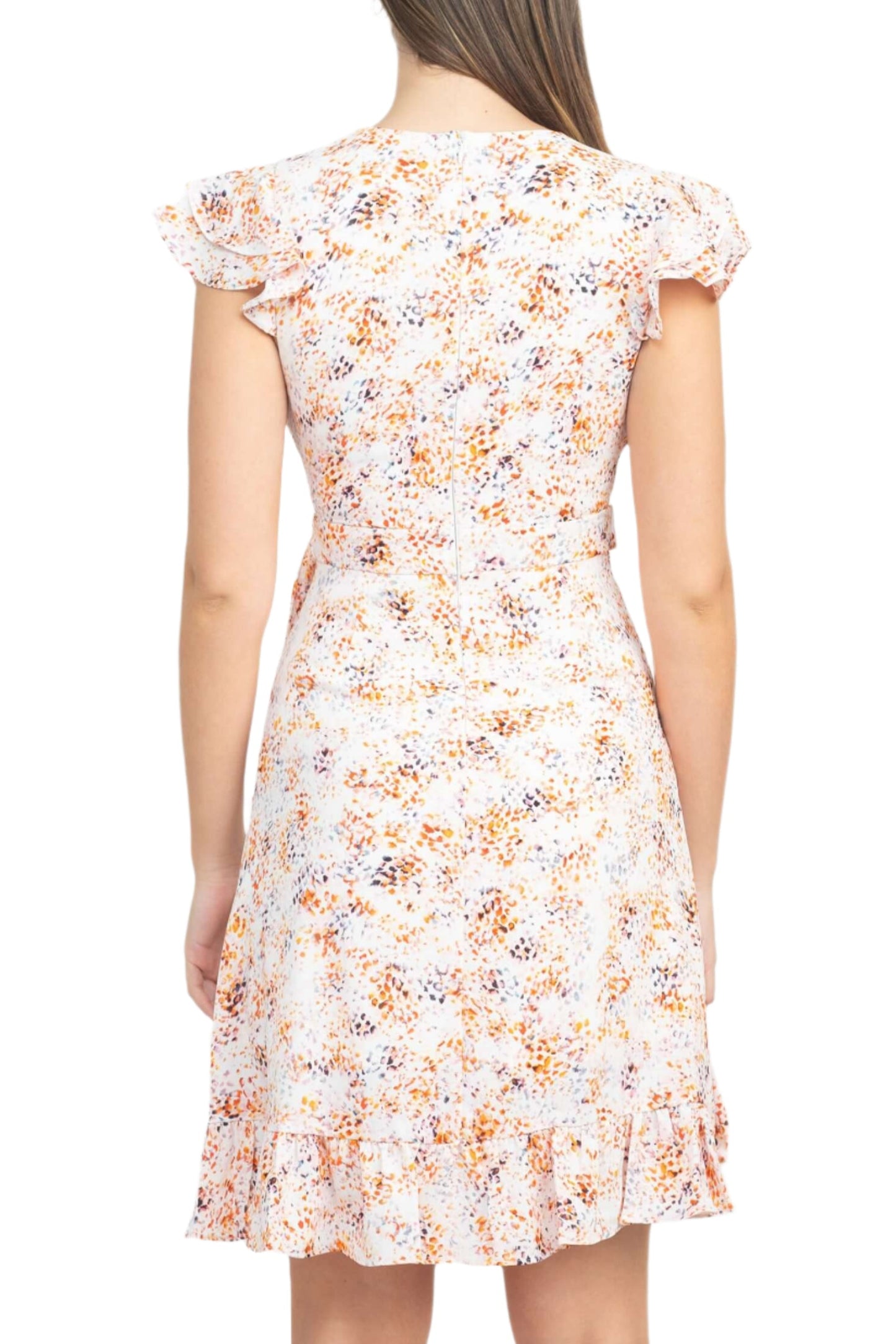 Laundry V-Neck Flutter Sleeve Tie Waist Ruffled Hem A-Line Zipper Back Twill Dress - MULTI - Back