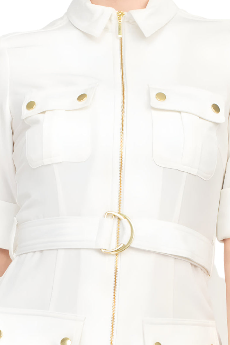 Sharagano Collared Short Sleeve Zipper Front Belted Solid Rayon Dress - IVORY - Fabric