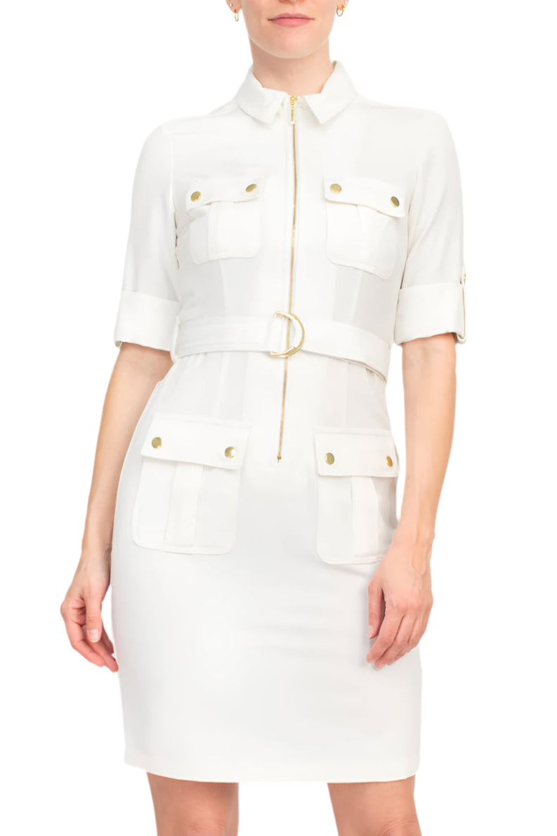 Sharagano Collared Short Sleeve Zipper Front Belted Solid Rayon Dress - IVORY - Front View