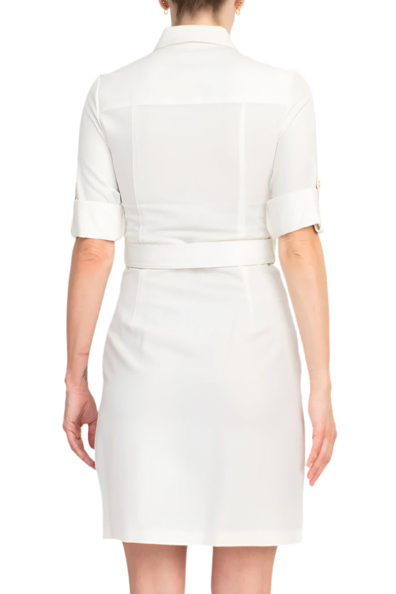Sharagano Collared Short Sleeve Zipper Front Belted Solid Rayon Dress - IVORY - Back