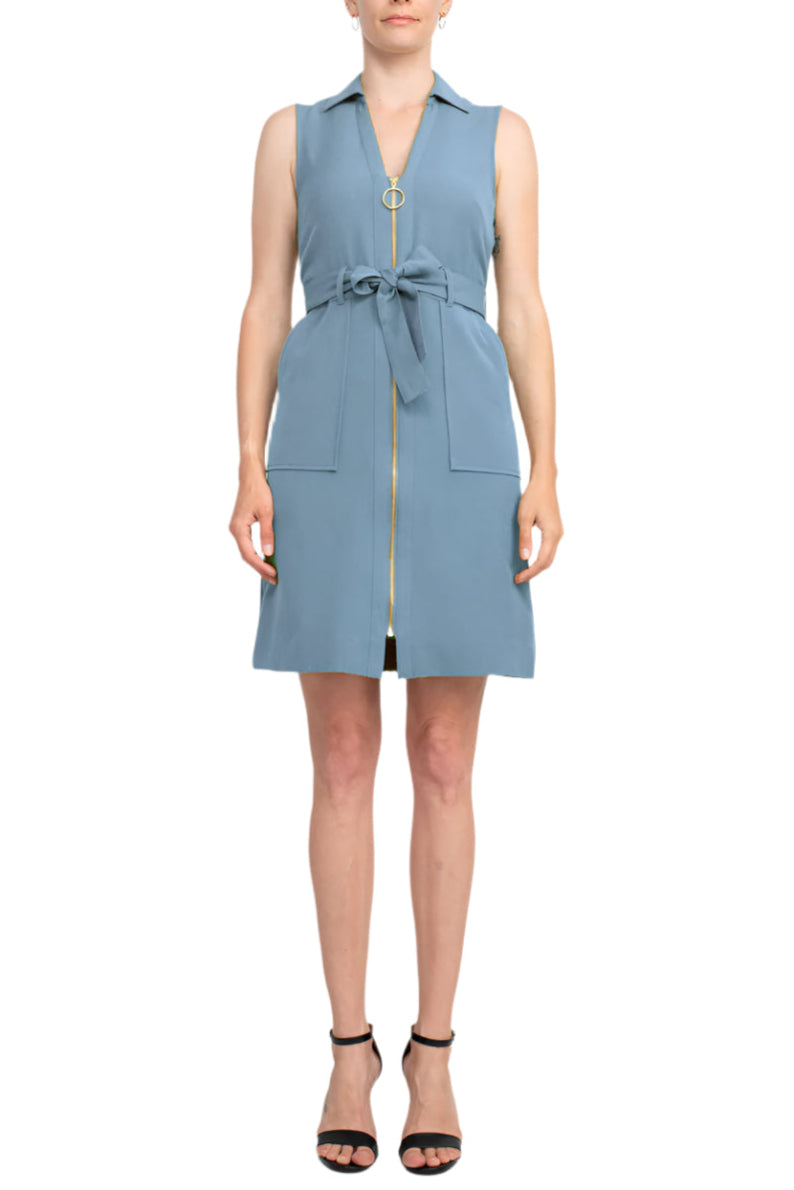 Sharagano Collared Sleeveless Zipper Front Tie Waist Solid Rayon Dress - LIGHT TOPAZ - Front