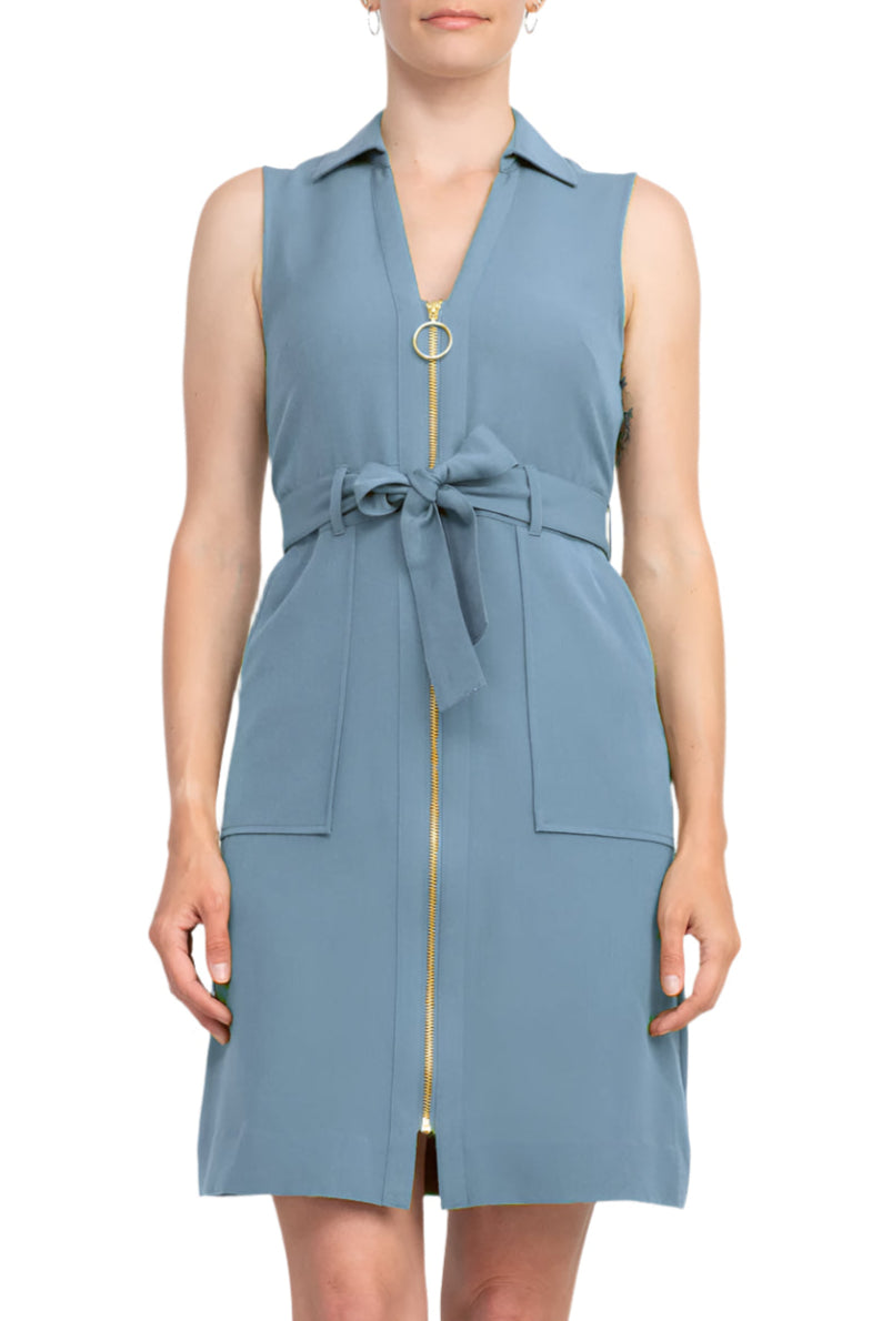 Sharagano Collared Sleeveless Zipper Front Tie Waist Solid Rayon Dress - LIGHT TOPAZ - Front View