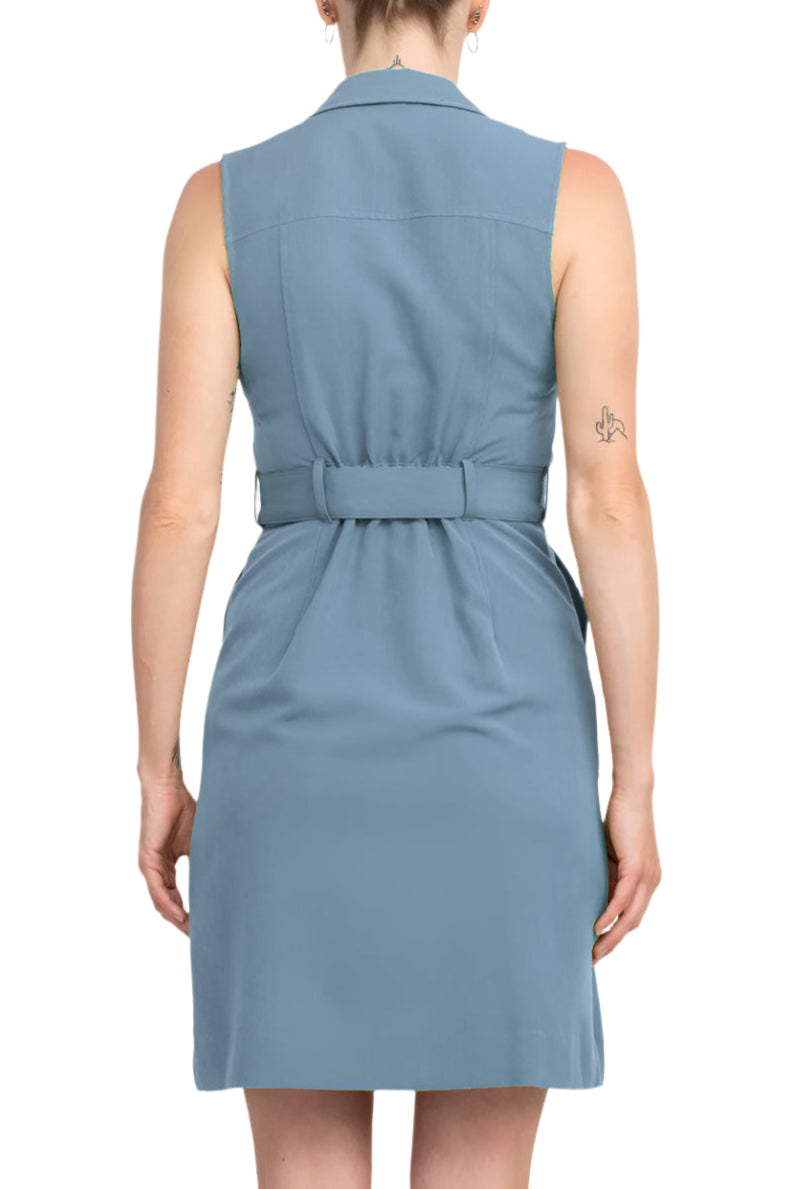 Sharagano Collared Sleeveless Zipper Front Tie Waist Solid Rayon Dress - LIGHT TOPAZ - Back