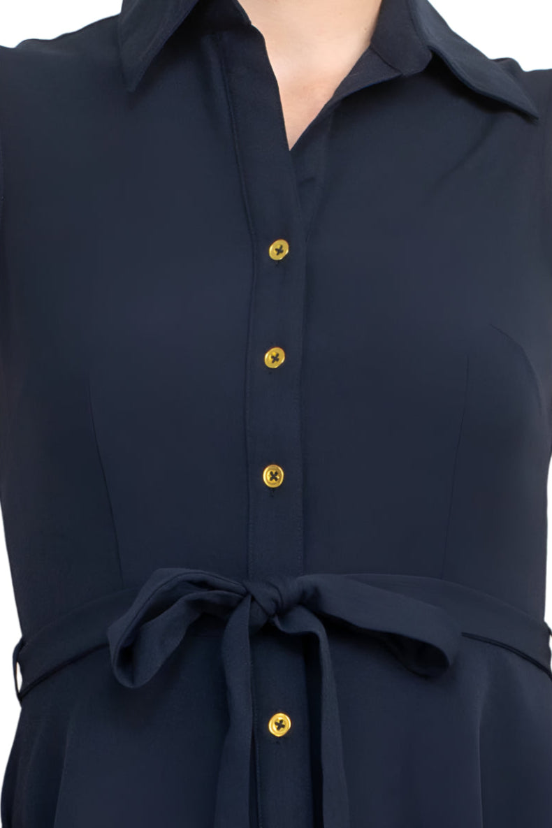 Sharagano Collared Sleeveless Tie Waist Solid A-Line Rayon Dress - DEEP NAVY - Fabric