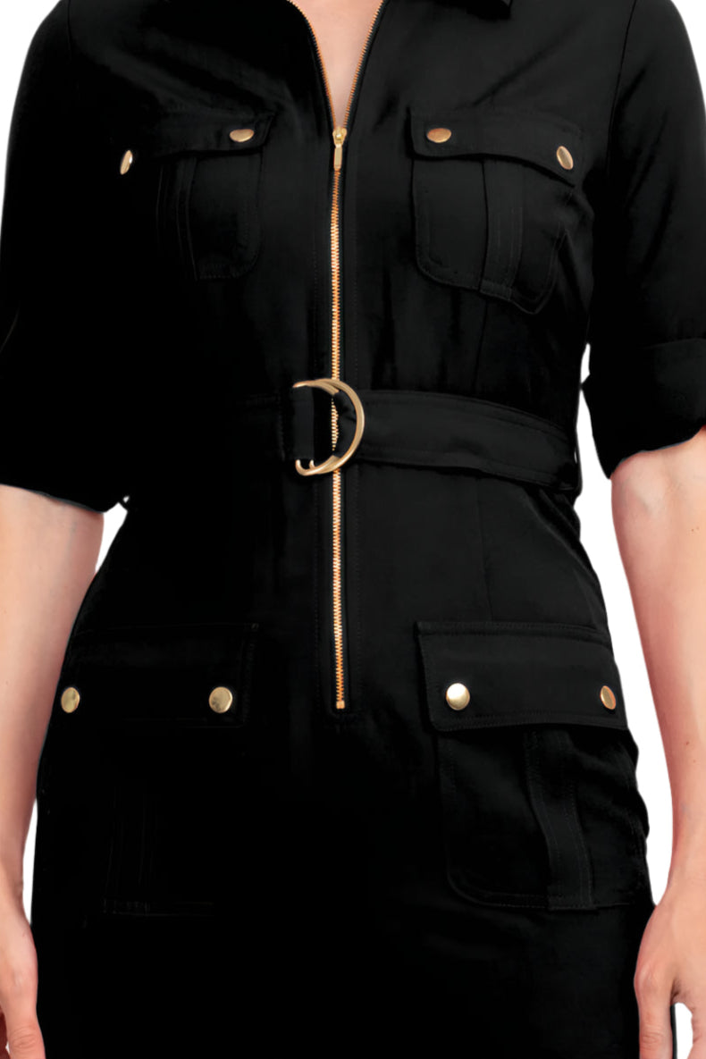 Sharagano Collared Short Sleeve Zipper Front Belted Solid Rayon Dress - VERY BLACK - Fabric