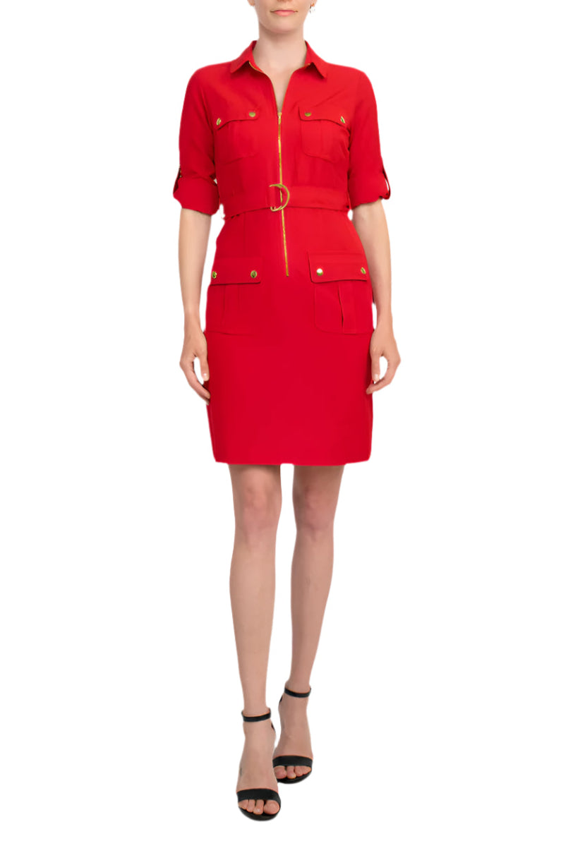 Sharagano Collared Short Sleeve Zipper Front Belted Solid Rayon Dress - RED RIDING HOOD - Front