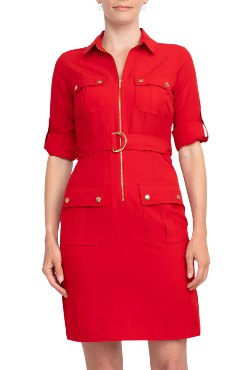 Sharagano Collared Short Sleeve Zipper Front Belted Solid Rayon Dress - RED RIDING HOOD - Front View