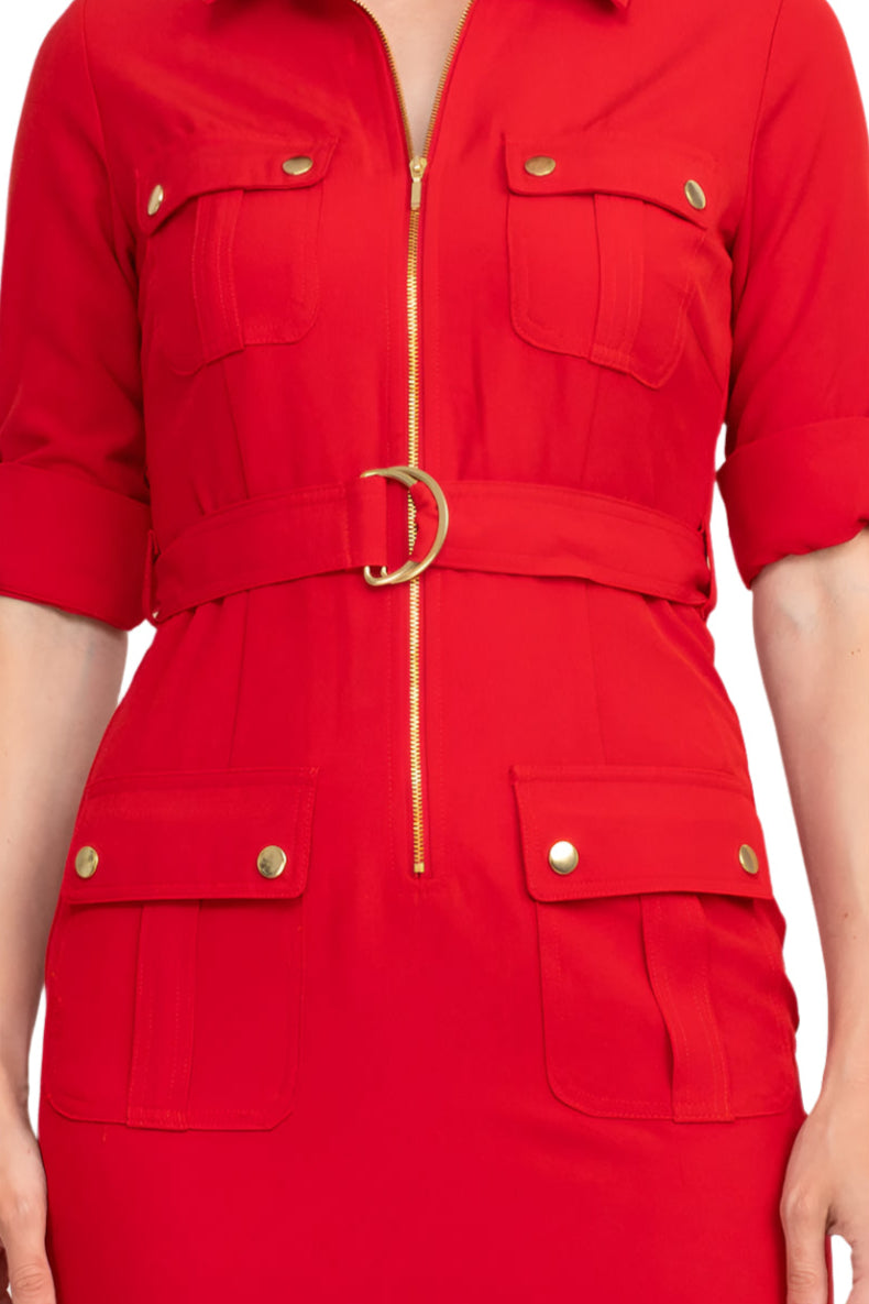 Sharagano Collared Short Sleeve Zipper Front Belted Solid Rayon Dress - RED RIDING HOOD - Fabric