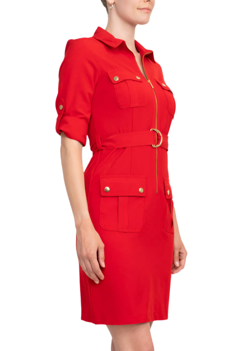 Sharagano Collared Short Sleeve Zipper Front Belted Solid Rayon Dress - RED RIDING HOOD - Side