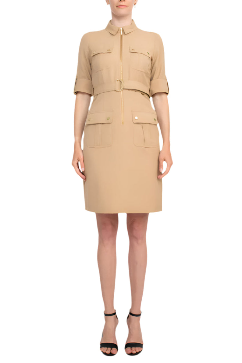 Sharagano Collared Short Sleeve Zipper Front Belted Solid Rayon Dress - TOASTY SAND - Front