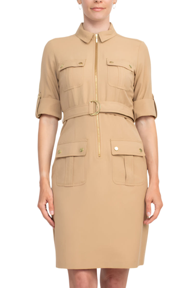 Sharagano Collared Short Sleeve Zipper Front Belted Solid Rayon Dress - TOASTY SAND - Front View