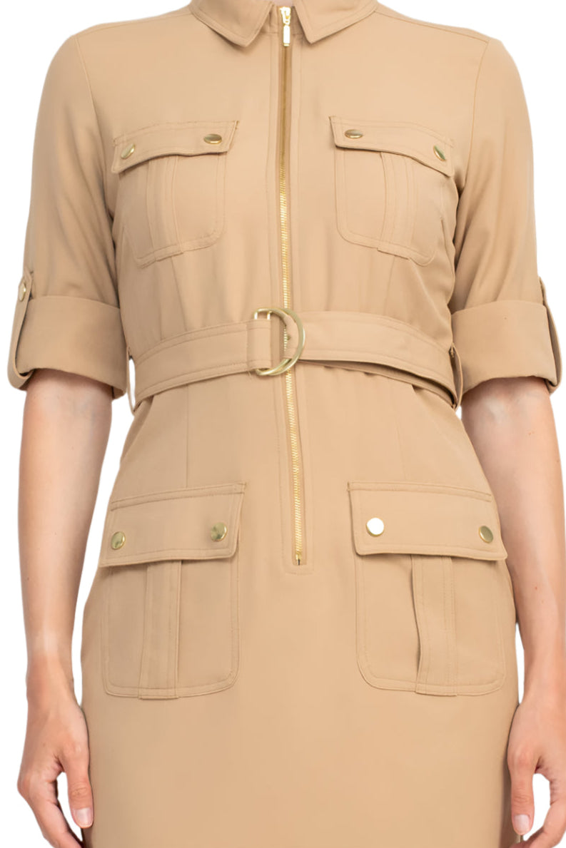 Sharagano Collared Short Sleeve Zipper Front Belted Solid Rayon Dress - TOASTY SAND - Fabric