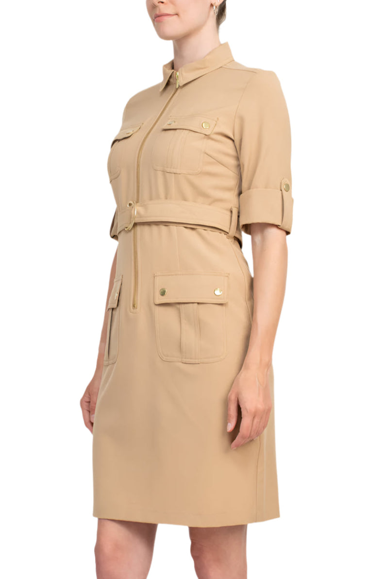 Sharagano Collared Short Sleeve Zipper Front Belted Solid Rayon Dress - TOASTY SAND - Side