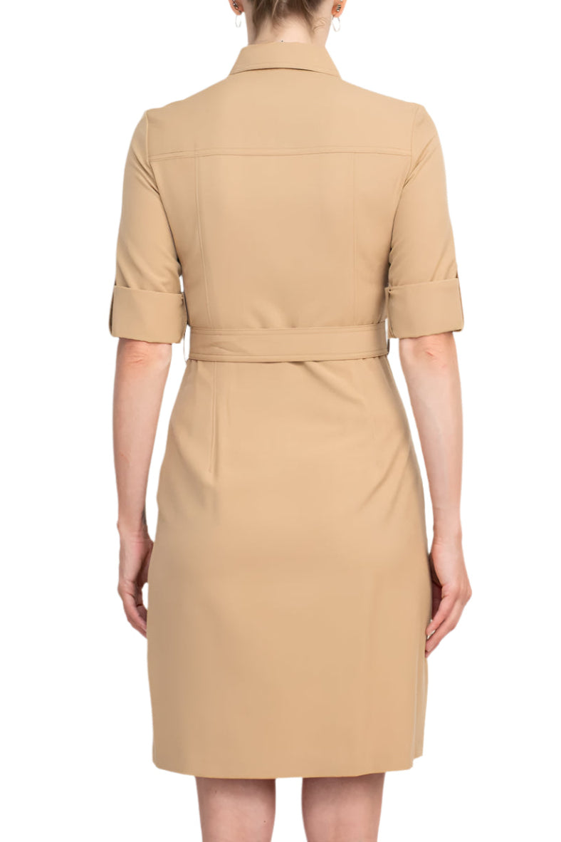 Sharagano Collared Short Sleeve Zipper Front Belted Solid Rayon Dress - TOASTY SAND - Back