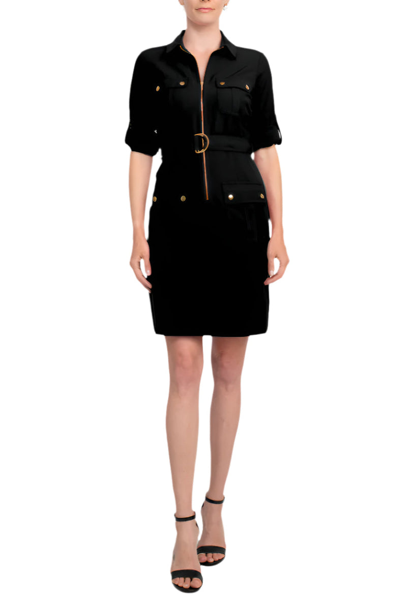 Sharagano Collared Short Sleeve Zipper Front Belted Solid Rayon Dress - VERY BLACK - Front