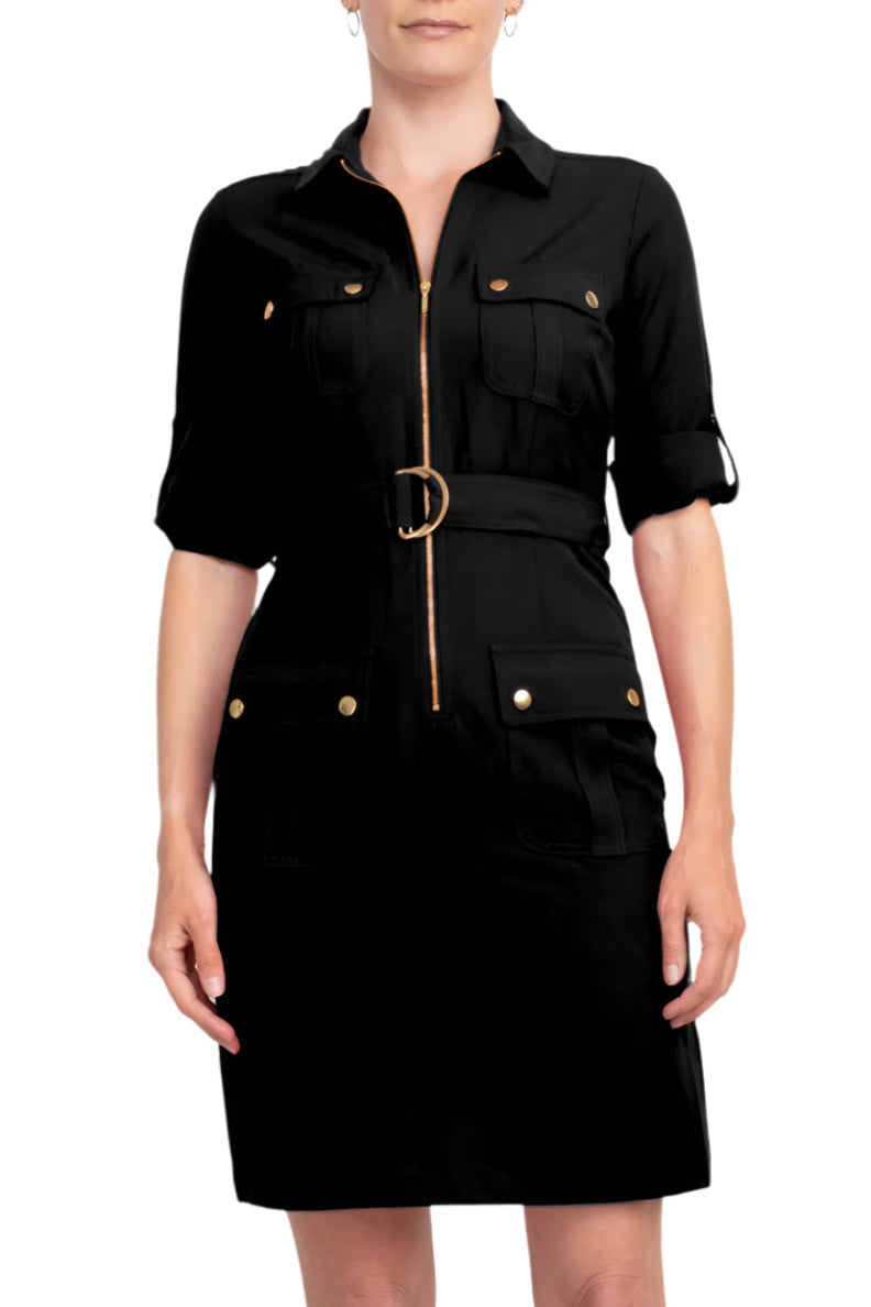 Sharagano Collared Short Sleeve Zipper Front Belted Solid Rayon Dress - VERY BLACK - Front View