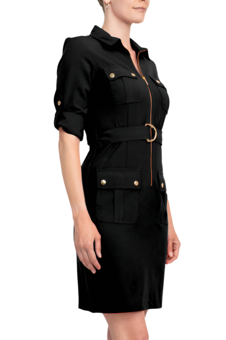Sharagano Collared Short Sleeve Zipper Front Belted Solid Rayon Dress - VERY BLACK - Side