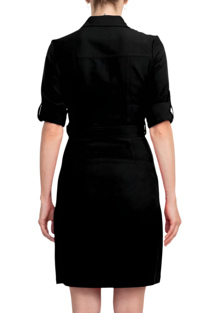 Sharagano Collared Short Sleeve Zipper Front Belted Solid Rayon Dress - VERY BLACK - Back