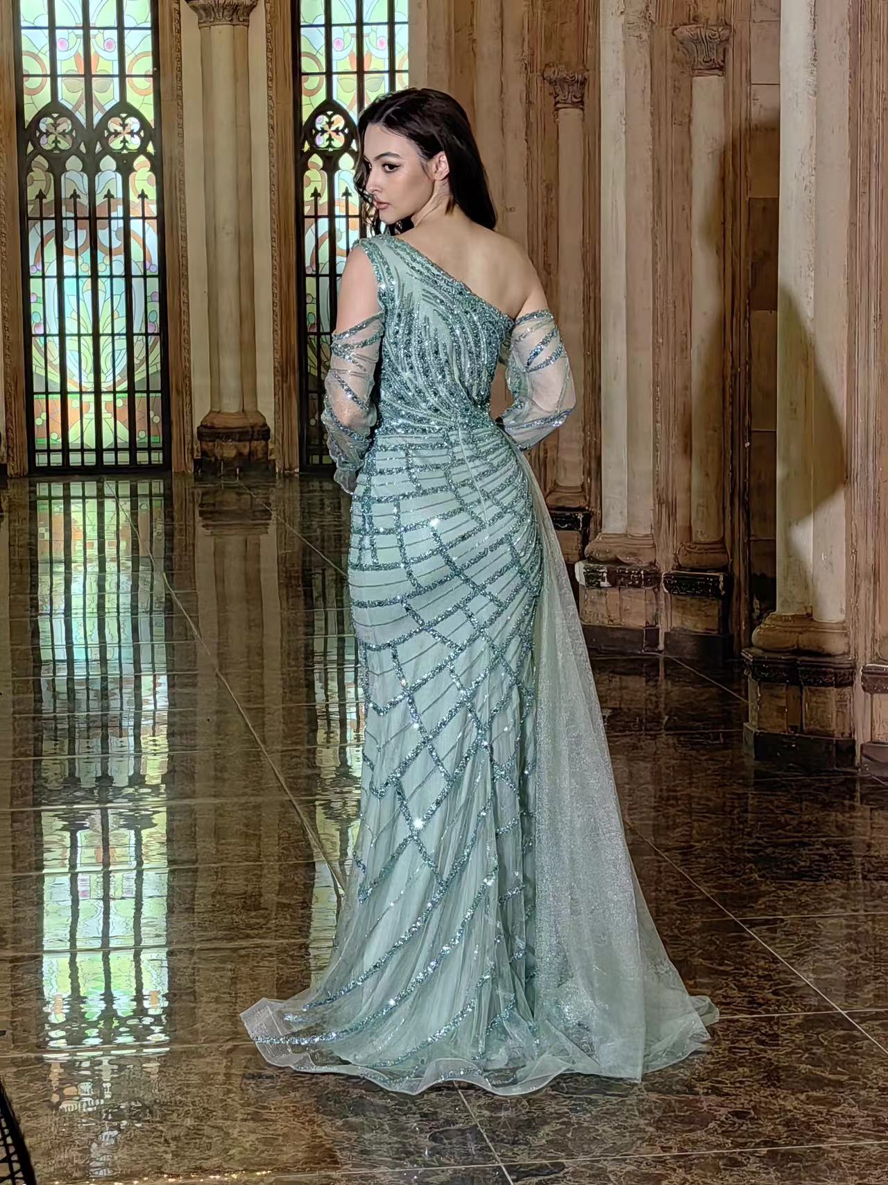 Floor Length Couture Long Sleeve Hand Beaded Formal Dress
