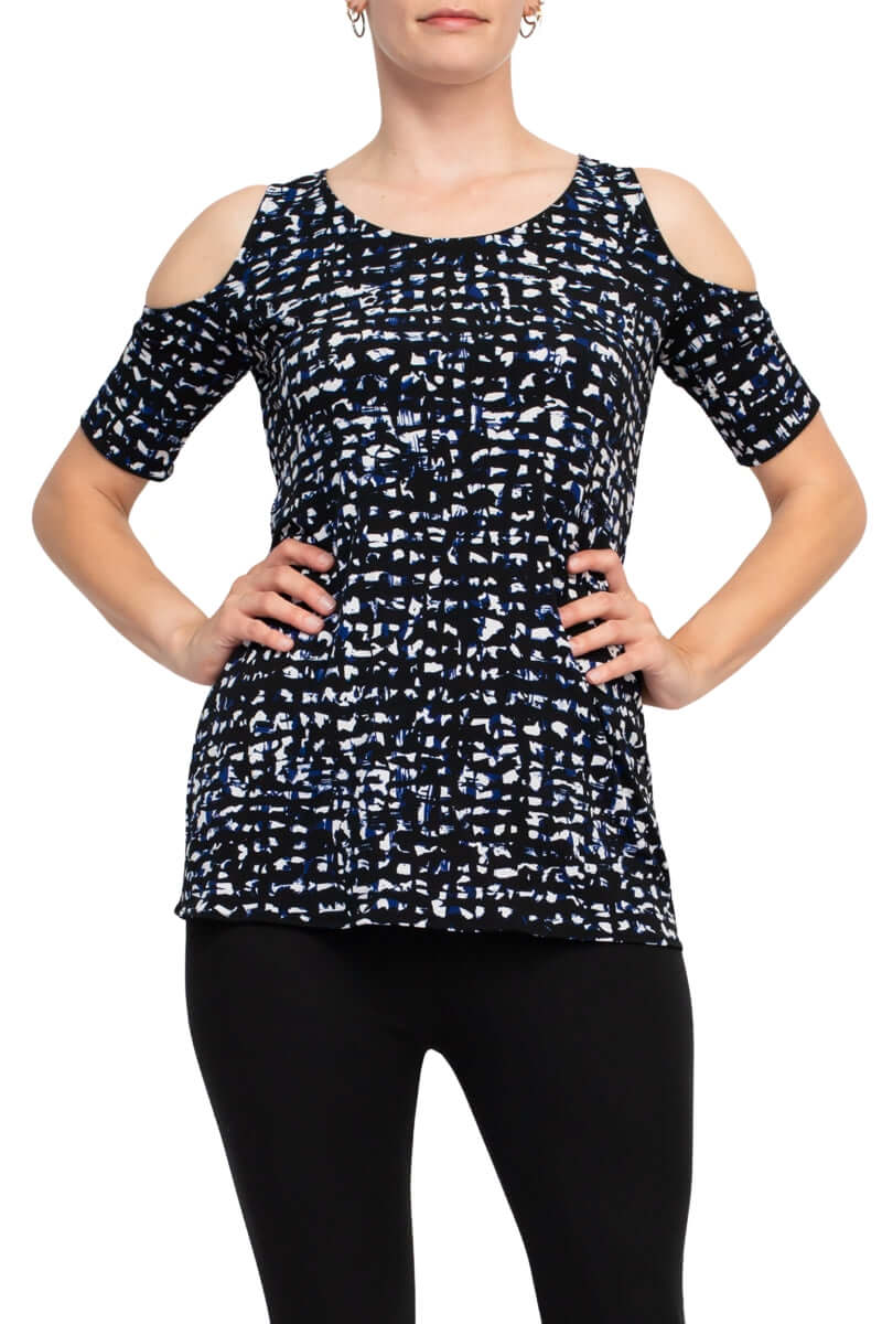 Leota Scoop Neck Cutout Shoulder Short Sleeve Multi Print Jersey Top - SUMMER NIGHT - front