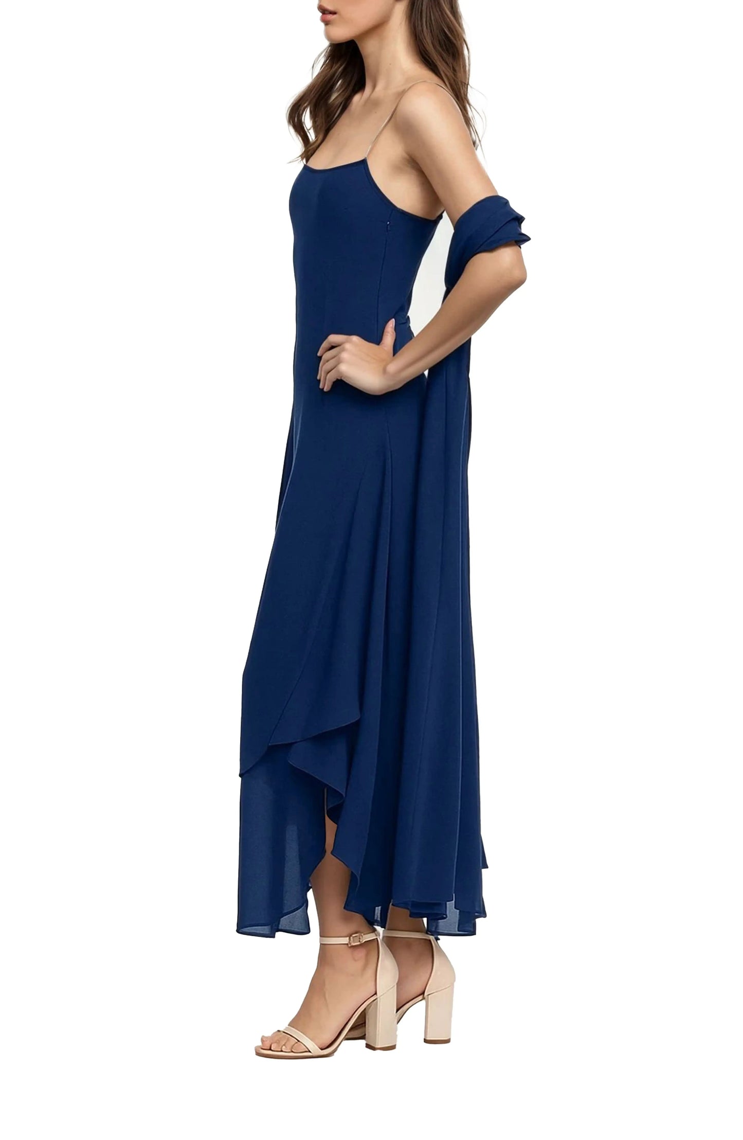 Navy Square-Neck Midi Chiffon Cocktail High-Low Dress Jewel Badgley Mischka J0543