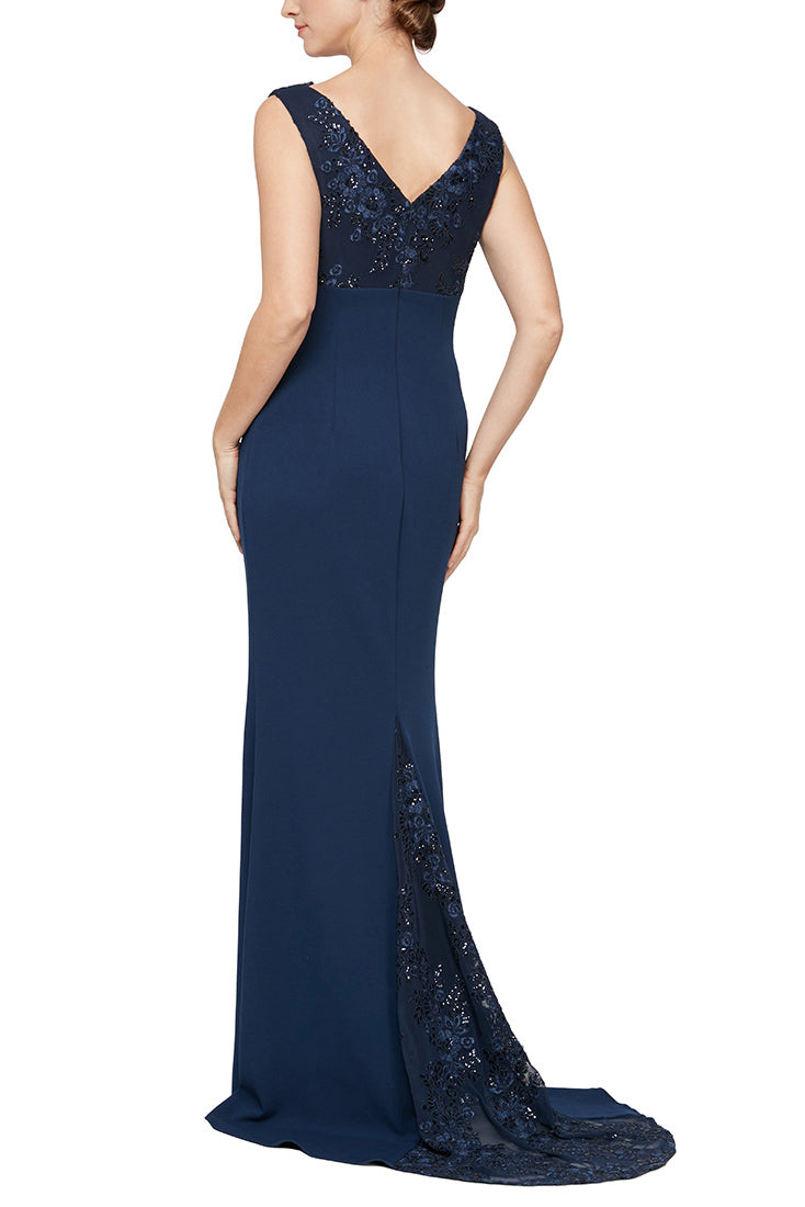 Alex Evenings V Neck Sleeveless Back Zipper Long Gown - NAVY - BACK