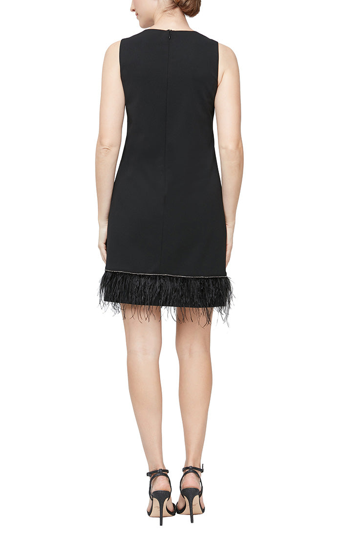Alex Evenings Crew Neck Sleeveless Embellished Hem Solid Shift Stretch Crepe with Ostrich Feather - BLACK - Back
