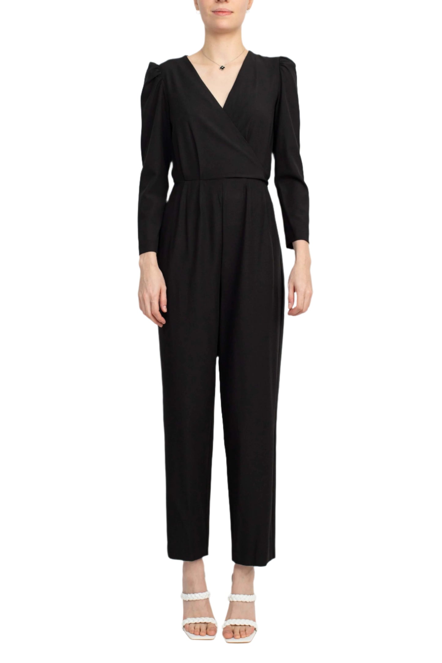 Julia Jordan V-Neck Long Sleeve Tie Side Zipper Back Solid Stretch Crepe Jumpsuit - BLACK - Front
