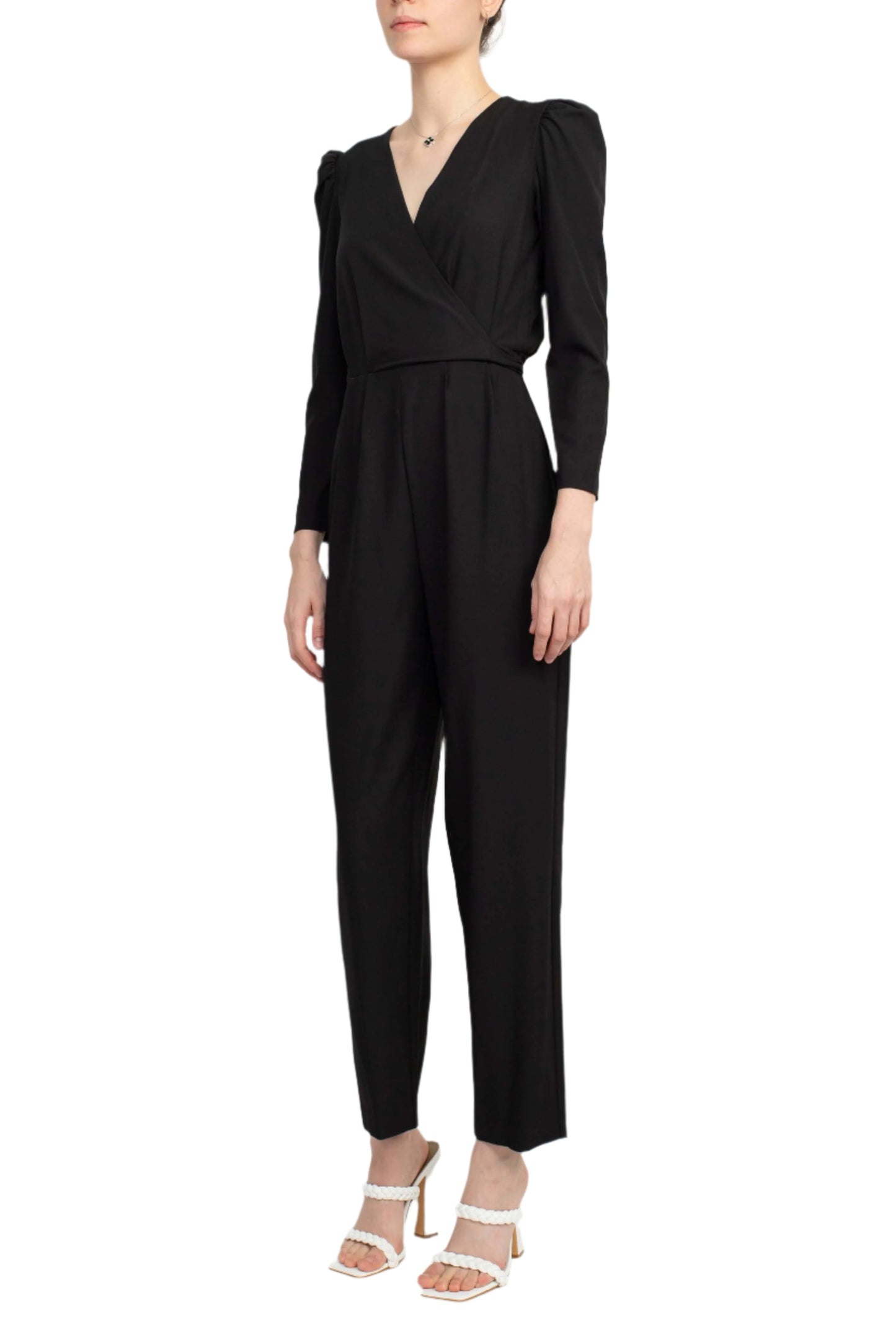 Julia Jordan V-Neck Long Sleeve Tie Side Zipper Back Solid Stretch Crepe Jumpsuit - BLACK - Side