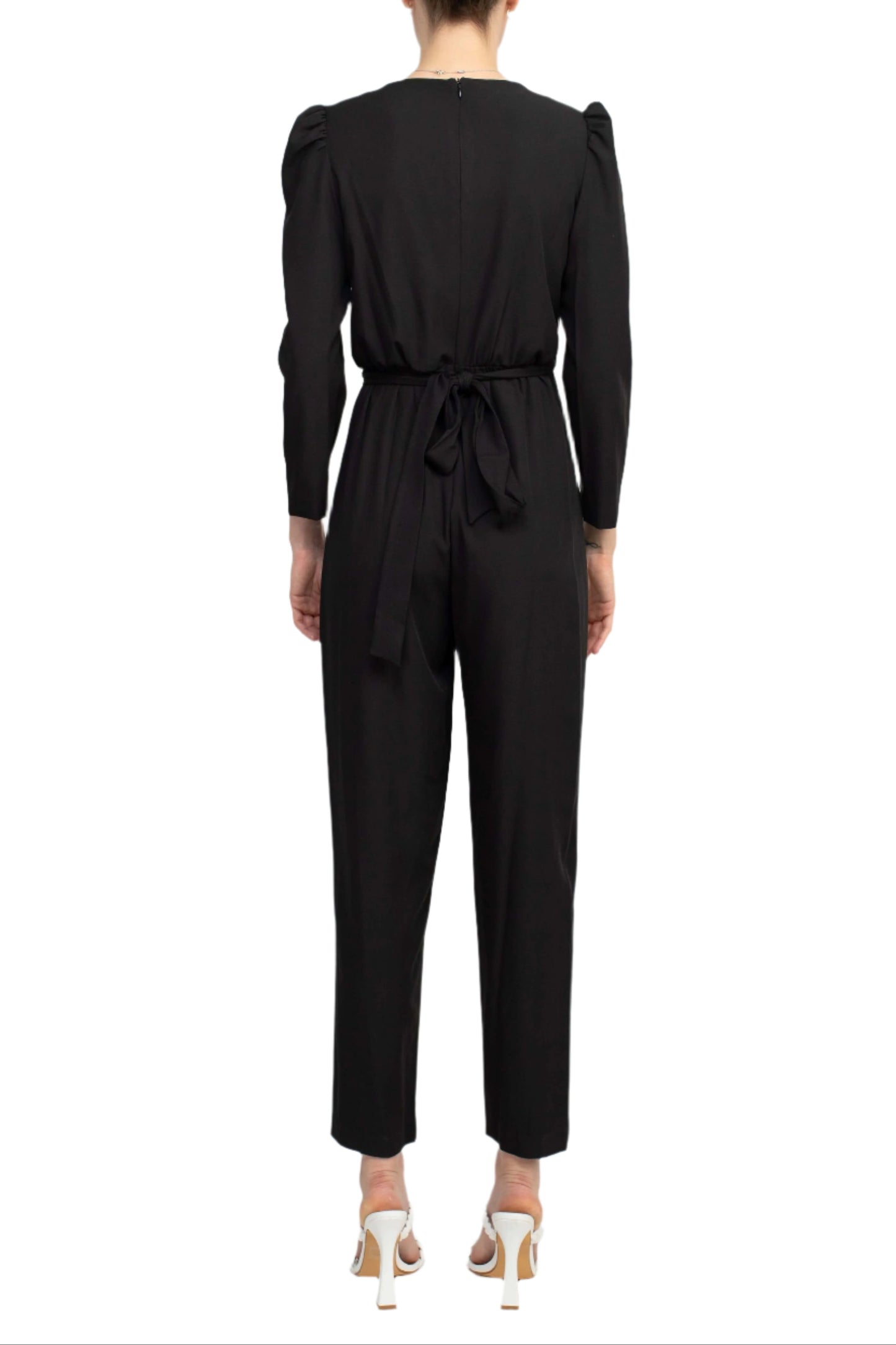 Julia Jordan V-Neck Long Sleeve Tie Side Zipper Back Solid Stretch Crepe Jumpsuit - BLACK - Back