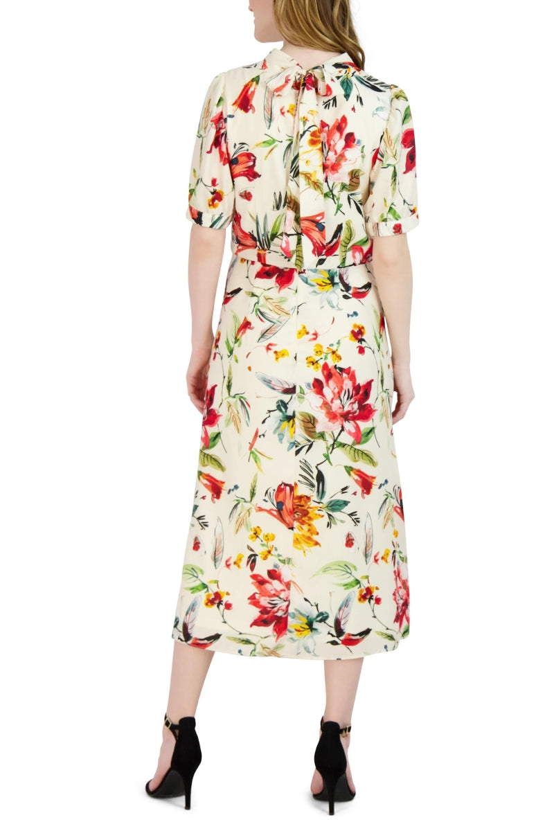 Julia Jordan Floral Mock Neck A-Line Front Slit Dress - IVORY MULTI - Back