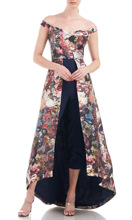 Desert Rose Multi Off-Shoulder High-Low Mikado Floral Walk-Thru Jumpsuit Kay Unger 5548140
